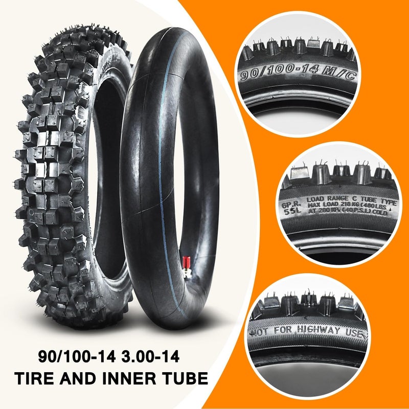HOLATO إطار خلفي 90/100-14 3.00-14 وأنبوب داخلي لـ 110cc 125cc KLX125 KLX140 KX85 TTR125 YZ80 YZ85 CT90 RM80 DRZ125 TaoTao DB17 Apollo RFZX18 Coolster دراجة ترابية خارج الطريق موتوكروس ثقيلة التحمل - Image 3